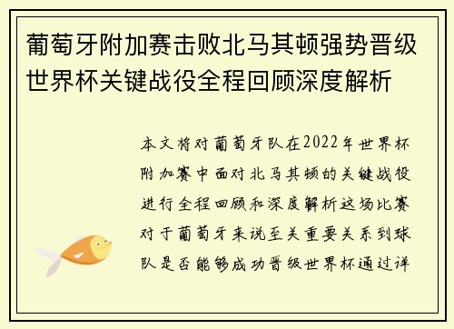 葡萄牙附加赛击败北马其顿强势晋级世界杯关键战役全程回顾深度解析 葡萄牙附加赛击败北马其顿强势晋级世界杯关键战役全程回顾深度解析