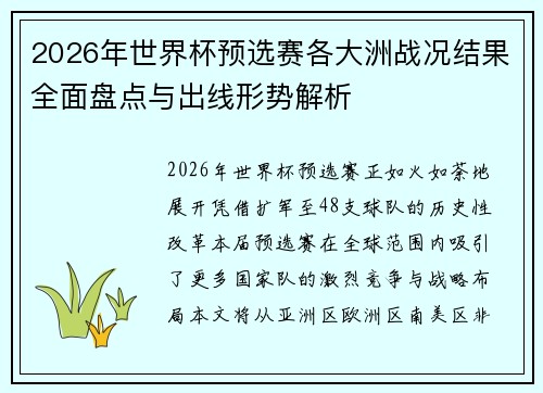 2026年世界杯预选赛各大洲战况结果全面盘点与出线形势解析